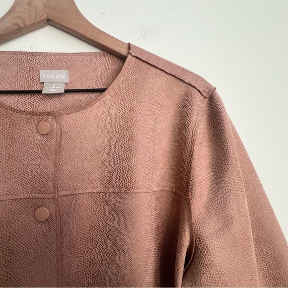 Chico’s Faux Suede Scuba Jacket L 12/14 Snakeskin Snap Front Boho Desert Tan - Picture 6 of 11